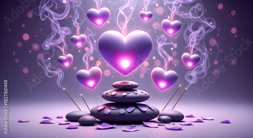 Serene Meditation Scene with Floating Purple Hearts and Zen Stones