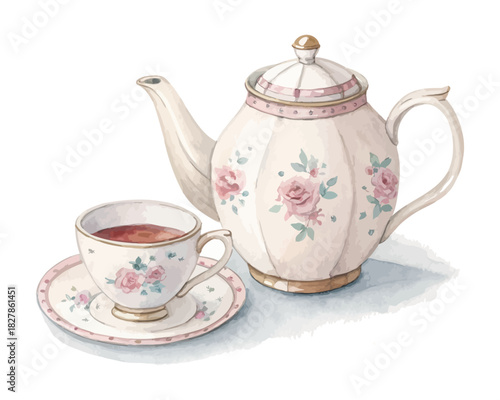 Teapot and Teacup Watercolor Element vector illustration isolated on white background