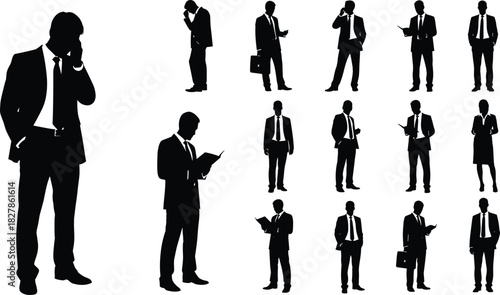 Professional Businessmen Silhouettes: Corporate Teamwork, Leadership, Success, and Management Stock Photo, Isolated Black Vector Cutouts for Office Presentation and Finance Concept.