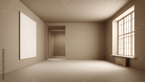 Empty, light-filled room with large window and artwork