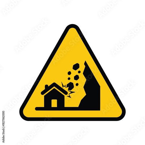 Falling rocks hazard sign with house   landslide warning icon Vector