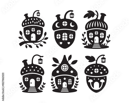 Acorn Fairy House with lantern Silhouette Vector illustration design set collection, fairy lantern vector, whimsical acorn house illustration, magical forest silhouette, enchanted fairy home vector, 