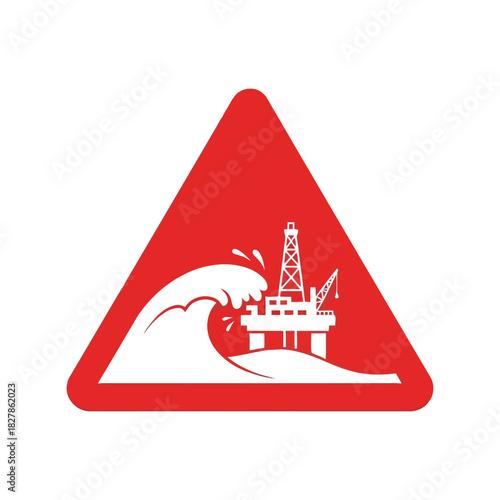 Oil rig tsunami warning sign: offshore drilling environmental hazard Vector
