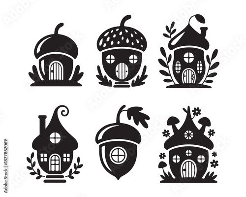 Acorn Fairy House with lantern Silhouette Vector illustration design set collection, fairy lantern vector, whimsical acorn house illustration, magical forest silhouette, enchanted fairy home vector, 