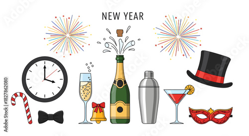 New Year Celebration Vector Art Champagne, Clock, and Festive Icons