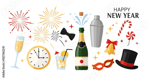 Vibrant New Year's Eve celebration collection featuring festive elements like champagne, fireworks, a countdown clock, and party accessories in a flat vector style