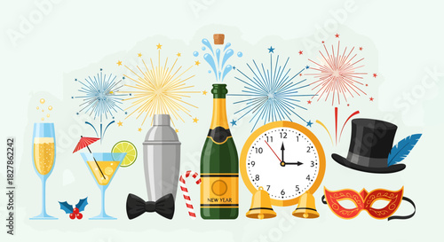 A vector art collection of classic New Year's Eve party elements, including a clock counting down to midnight, champagne, and festive accessories