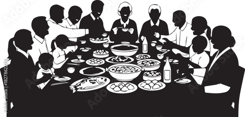 Silhouette of a large family gathered around a festive dinner table