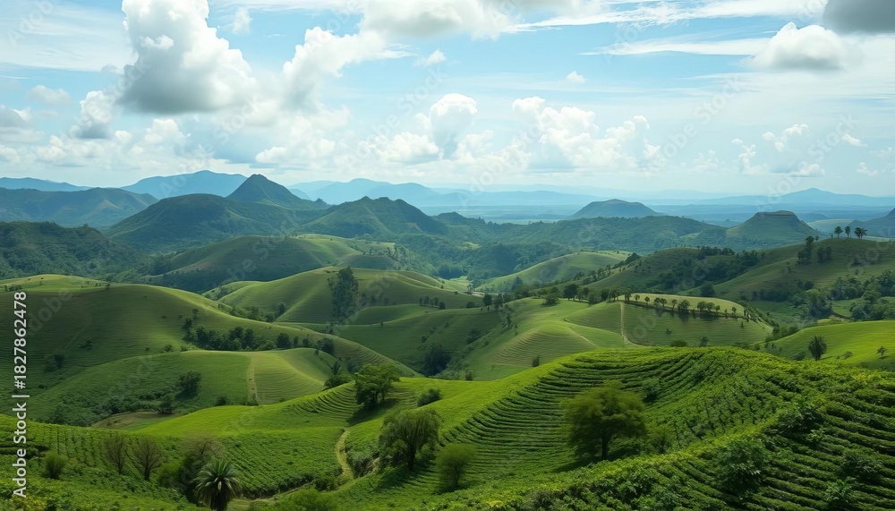 Obraz premium Rolling hills, tobacco fields, mogotes, Vinales Valley, Cuba, travel photography, image