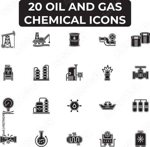 20 solid-fill vector icons for the Oil, Gas, and Chemical industries, covering exploration, drilling, processing, storage tanks, pipelines, and fluid control equipment. Essential for energy projects.