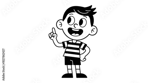 Black and white cartoon illustration of a happy young boy with striped shirt, pointing his finger up, expressing an idea or question.