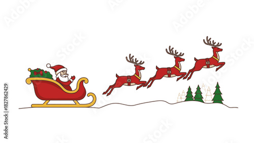 Santa Claus in his red sleigh being pulled by reindeer over a snowy landscape.
