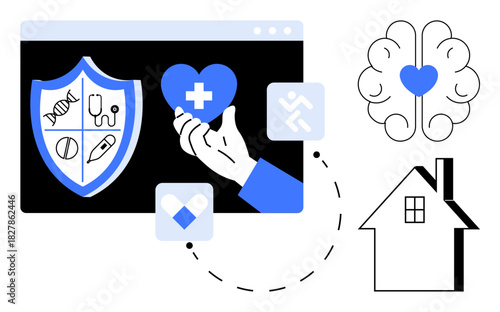 Shield with medical icons, hand holding heart with medical cross, brain with heart, house symbol. Ideal for healthcare, telemedicine, technology, mental health homecare safety innovation. Simple