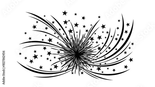 Black and white abstract illustration of a bursting explosion with stars and dynamic curved lines radiating outwards, resembling a celebratory firework.