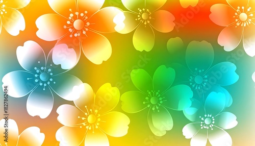 Bright, colorful floral pattern. White flowers with rainbow gradient on vibrant yellow-green background