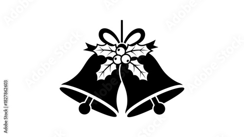 A black and white illustration of two Christmas bells adorned with holly and a bow.