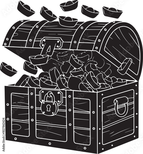 Open treasure chest overflowing with gold coins and falling treasure