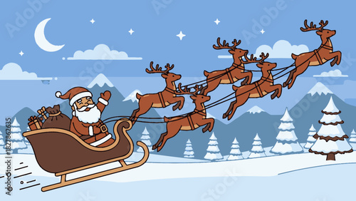Santa Claus flying in his sleigh pulled by reindeer across a snowy landscape under a crescent moon.