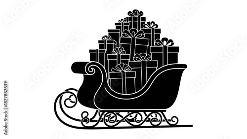 Silhouette of a sleigh overflowing with wrapped presents, perfect for holiday celebrations and festive occasions.