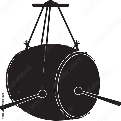 Black silhouette of a bass drum with mallets hanging from a stand