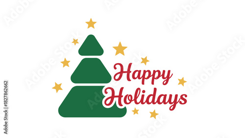 Happy Holidays greeting card design with a stylized green Christmas tree and yellow stars on a white background.