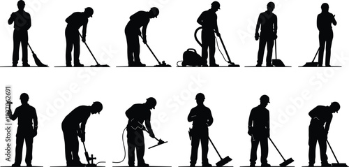 Professional Janitor and Construction Worker Silhouette Set, Including Cleaning, Sweeping, Vacuuming, Mopping, Repairing, Paving, and Labor Tasks, Wearing Safety Helmets 