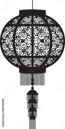 Ornate black chinese lantern with decorative tassels isolated on white background