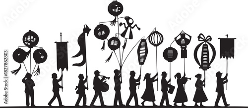 Silhouettes of children in a parade holding lanterns and banners
