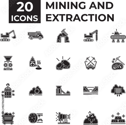 20 solid-fill vector icons for Mining and Extraction, featuring heavy equipment, quarry operations, processing plants, raw materials, blasting, and resource transportation. Essential for industries.