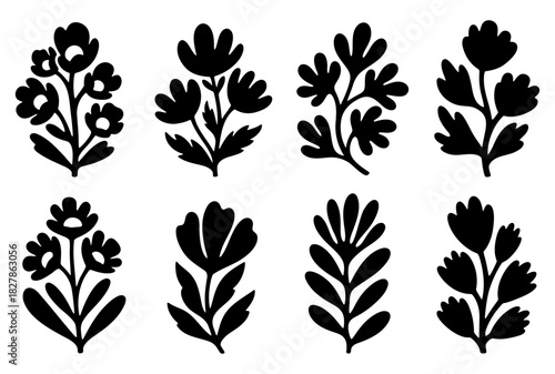 Set of black folk art style flowers, collection of simple decorative plant and leaf silhouettes