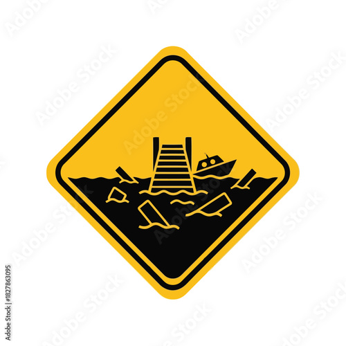 Water pollution warning sign: polluted dock & marine debris icon Vector