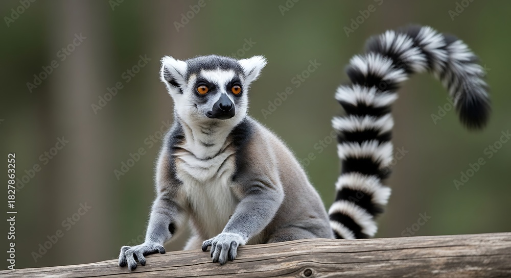 Obraz premium Ring-tailed lemur rests on a branch with a blurred green background.