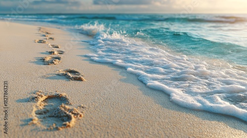 Footprints in the sand near the ocean waves on a sunny day.