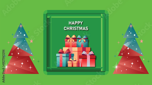 A festive illustration featuring christmas trees gifts and a holiday message