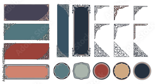 A diverse set of decorative vector frames, banners, and corners in a classic oriental style, perfect for elegant graphic art designs