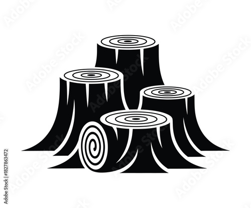 Tree Stump Icon – Wood Logs and Cut Tree Trunks in Black Silhouette