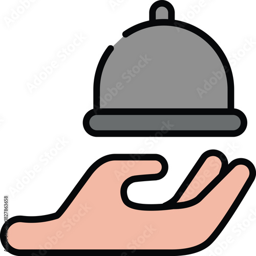 Stylized illustration of a hand presenting a cloche, symbolizing elegant food service, gourmet dining, and convenient meal delivery options