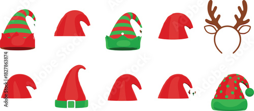 Vector Illustration Set of Festive Christmas Elf Hats and Reindeer Antlers Headband, Featuring Red, Green, and Striped Designs for Holiday Costumes, Accessories, and Celebration Graphics