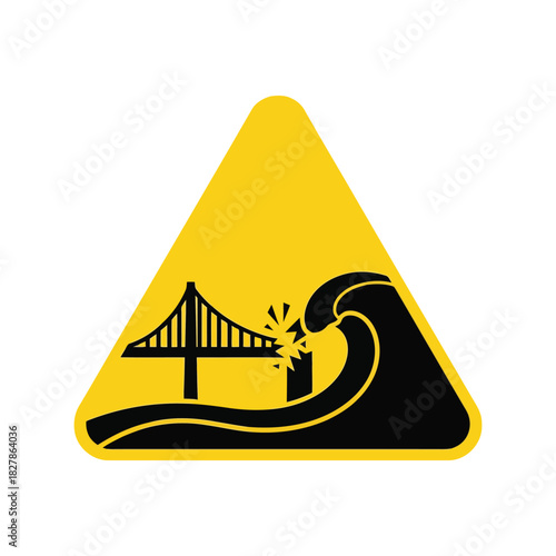 Tsunami warning sign icon with bridge and wave hazard Vector