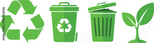 Green Vector Icon Set of Recycling and Ecology Symbols, Featuring the Universal Recycle Arrow, Trash Cans, and a Growing Plant, Representing Sustainability and Waste Management