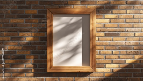 Blank framed artwork on textured brick wall with dappled sunlight shadows