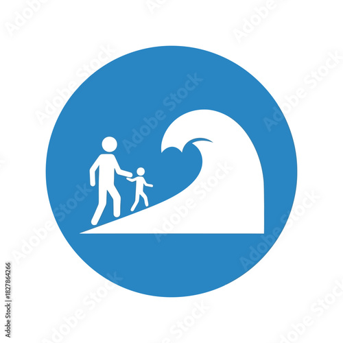 Tsunami evacuation safety: family fleeing flood disaster warning icon Vector