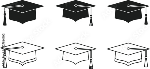 Vector Icon Set of Graduation Mortarboard Caps with Tassels, Featuring Solid Black Silhouette and Outline Styles, Ideal for Academic Success, Education, and Commencement Ceremony Graphics