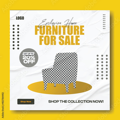 Modern furniture for sale advertisement with vibrant product images and discount offer on dark background,
Stylish upholstered armchair for sale with discount offer on a dark blue background perfect.
