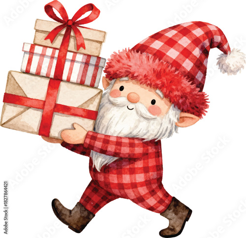 Watercolor Cheerful Gnome Holding Gift Boxes Christmas Holiday Illustration