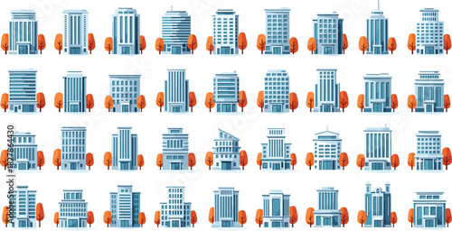 Large Vector Set of Modern Flat Design Office Buildings and Skyscrapers, Surrounded by Autumn Trees, Ideal for Representing Cityscape, Corporate Headquarters, Real Estate, and Urban Graphics