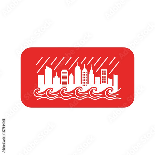Urban flood disaster icon: cityscape with rain and rising water Vector