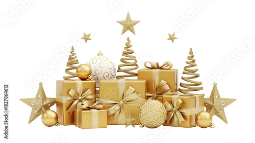Golden christmas gifts and ornaments isolated on transparent background