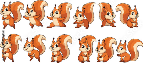 Large Set of Cute Cartoon Squirrel Character Vector Illustrations in Diverse Poses, Ideal for Representing Wildlife, Nature, Forest Animals, Playful Graphics, and Children's Design