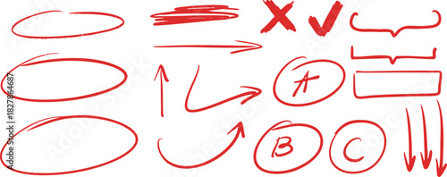 Hand-drawn red marker arrows and marks, including circles, checks, crosses, underlines and brackets in sketch style on a transparent background for notes and highlights